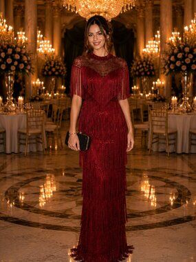 Burgundy Beaded Fringe Evening Gown | Great Gatsby Formal Dress | Maxi Dress |